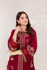 Maroon 2 PC Embroidered Winter Cotton Dress