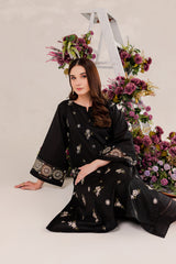 Aizal Black 02 PC Embroidered Stitched Winter Cotton Dress