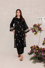 Aizal Black 02 PC Embroidered Stitched Winter Cotton Dress