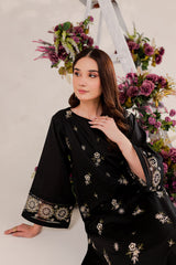 Aizal Black 02 PC Embroidered Stitched Winter Cotton Dress