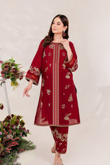 Maroon 2 PC Embroidered Winter Cotton Dress