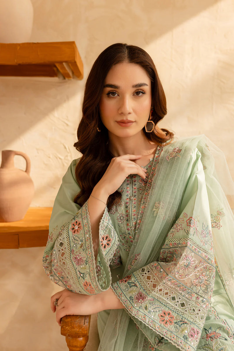 Pearly Blue 3Pc - Embroidered Winter Cotton Dress