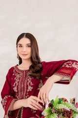 Maroon 2 PC Embroidered Winter Cotton Dress