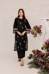 Aizal Black 02 PC Embroidered Stitched Winter Cotton Dress