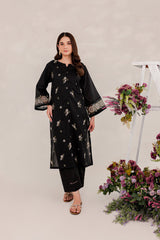 Aizal Black 02 PC Embroidered Stitched Winter Cotton Dress