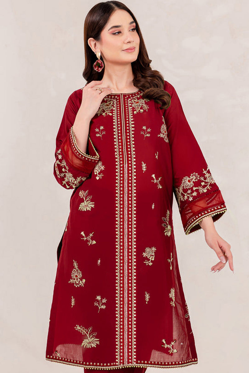 Maroon 2 PC Embroidered Winter Cotton Dress